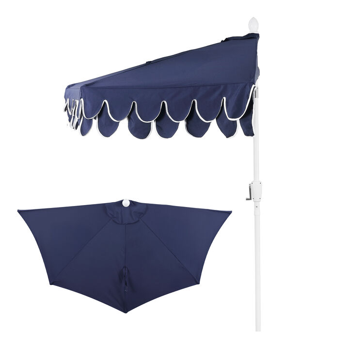 Terrace Arc 9 ft. Classic White Pole MidCentury Scalloped Fringe Market Patio Half Umbrella with Crank, Tilt Button and UV Protection