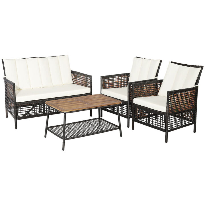 4 Pieces Patio Rattan Furniture Set with 2-Tier Coffee Table-White