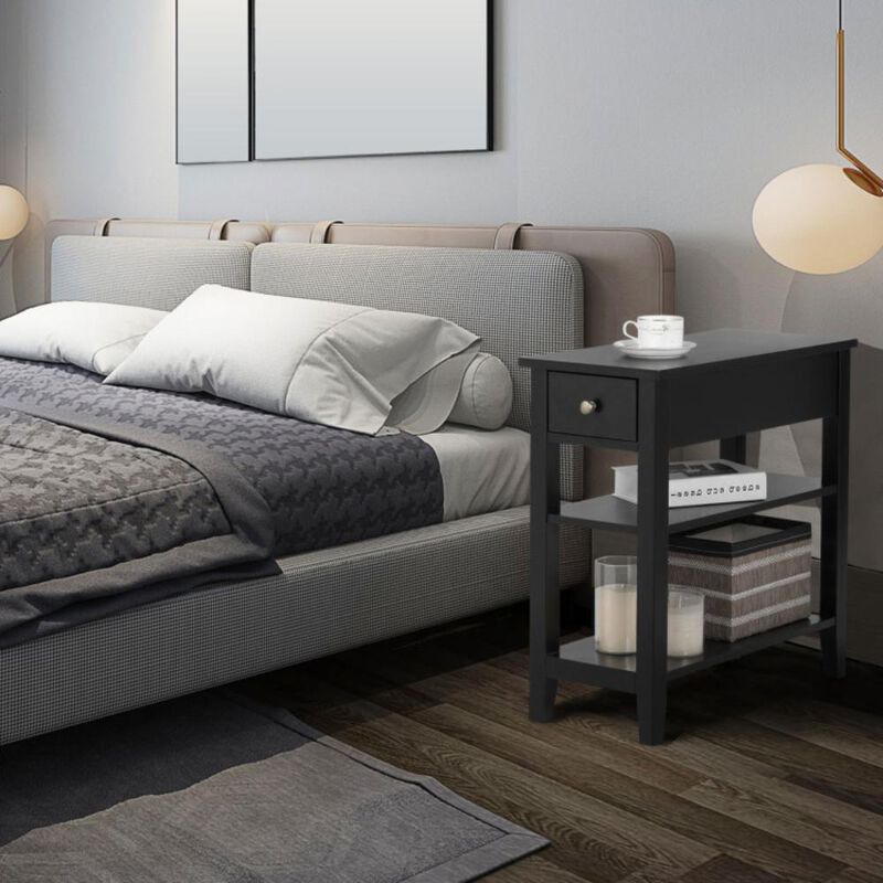 Hivvago 3-Tier Nightstand Bedside Table Sofa Side with Double Shelves Drawer