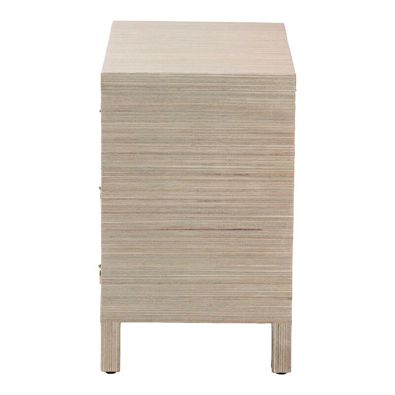 bali & pari Umika Grasscloth Nightstand with Scalloped Base - 3-Drawer Accent Chest with Gold Ring Pulls, Bedroom Storage Table or Side Cabinet image number 4