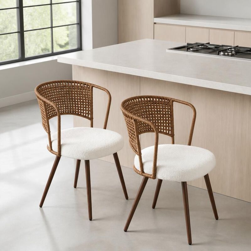 GOODSILO Set of Two Woven Rattan Wing Back Dining Chairs with Soft Foam Cushion and Metal Legs for Kitchen Dining Room Home Use image number 3
