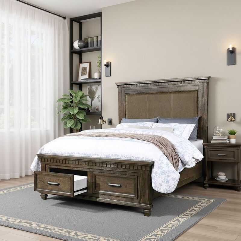 Ziv Classic Wood Queen Size Bed with Storage Drawers, Metal Handles, Brown - Benzara