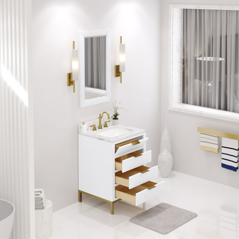 Bristol 24 In. Single Sink Carrara White Marble Countertop Bath Vanity in Pure White