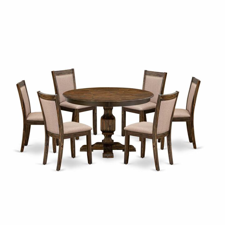 East West Furniture 7 Piece Kitchen Table Set Contains a Dinner Table and 6 Dark Khaki Linen Fabric Mid Century Modern Chairs with High Back - Distressed Jacobean Finish