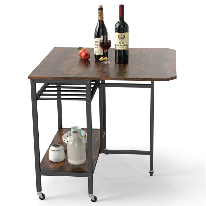Expandable Folding Dining Table with Laptop Tray, Wine Rack, and Casters-Rustic Brown image number 3