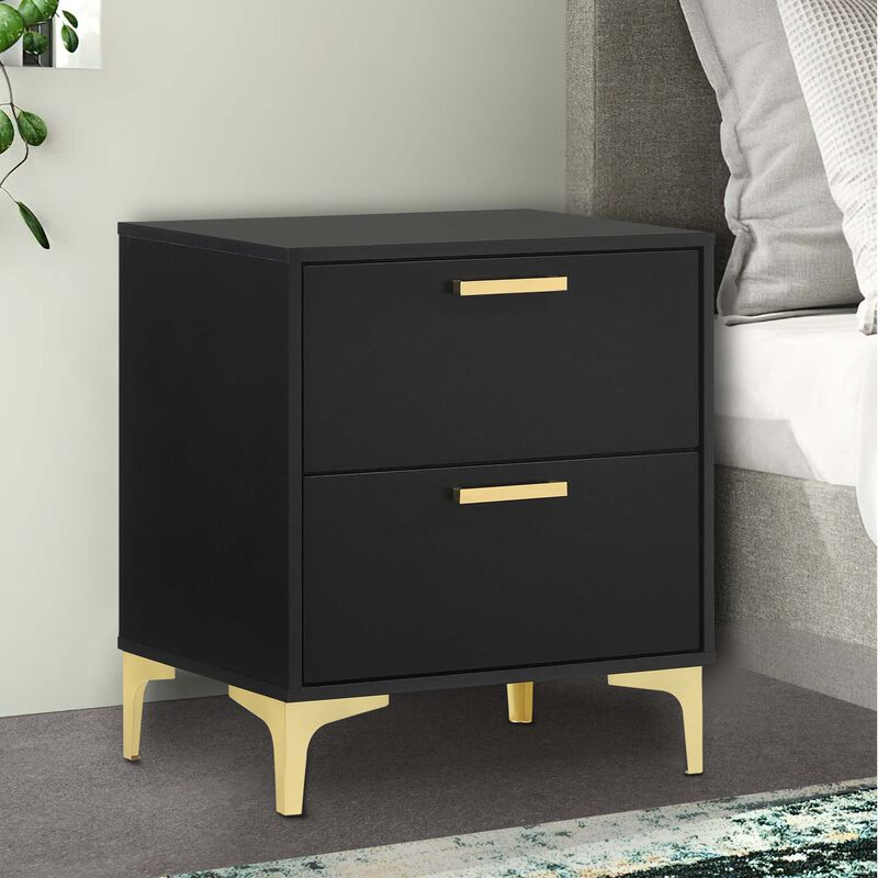 Lif 25 Inch Modern 2 Drawer Nightstand, Gold Metal Accents, Jet Black  - Benzara