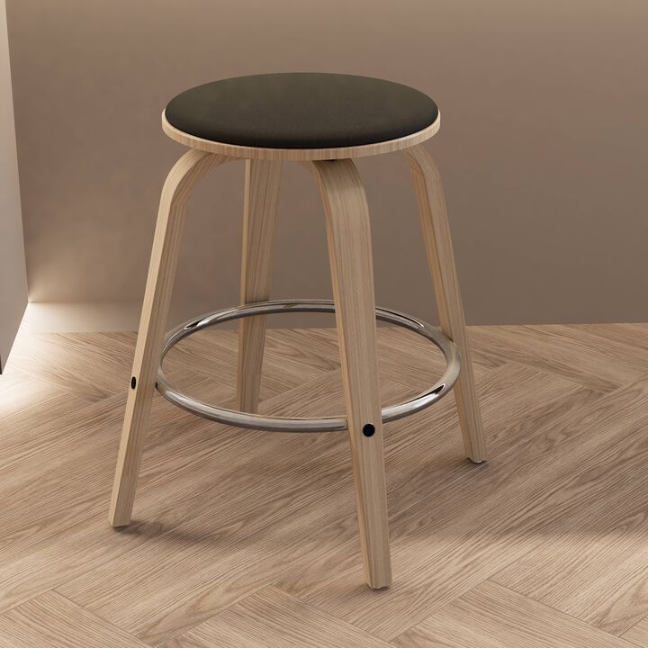 LeisureMod Counter Stool Upholstered in Leather with Stained Poplar Wood Frame & Chrome Iron Footrest with 360-Degree Swivel for Modern Home, Kitchen, Bars, Cafes Pelya Collection