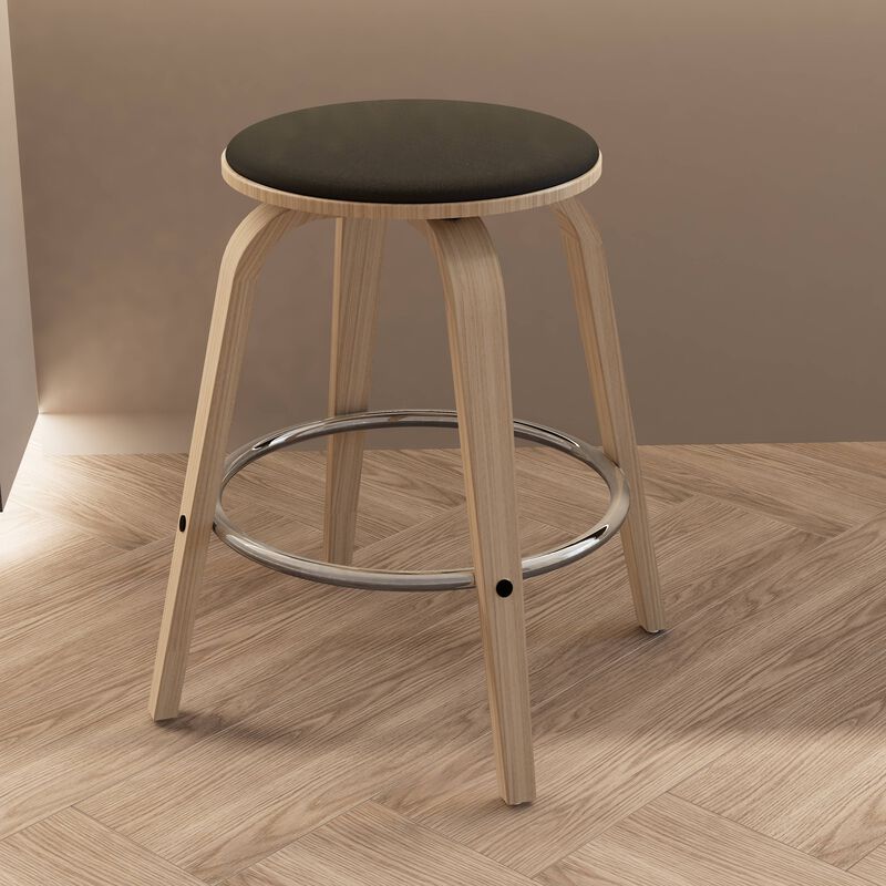 LeisureMod Counter Stool Upholstered in Leather with Stained Poplar Wood Frame & Chrome Iron Footrest with 360-Degree Swivel for Modern Home, Kitchen, Bars, Cafes Pelya Collection