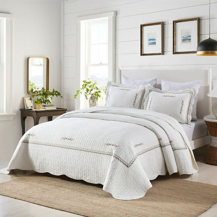 MarCielo 3-Piece 100% White Cotton Oversized Bedspread Set Coverlet Set Lightweight Quilt Set Sakura