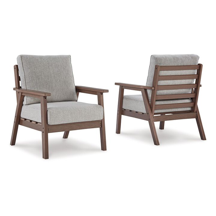 Emme 32 Inch Outdoor Lounge Chair Set of 2, Brown Frame, Gray Cushions - Benzara