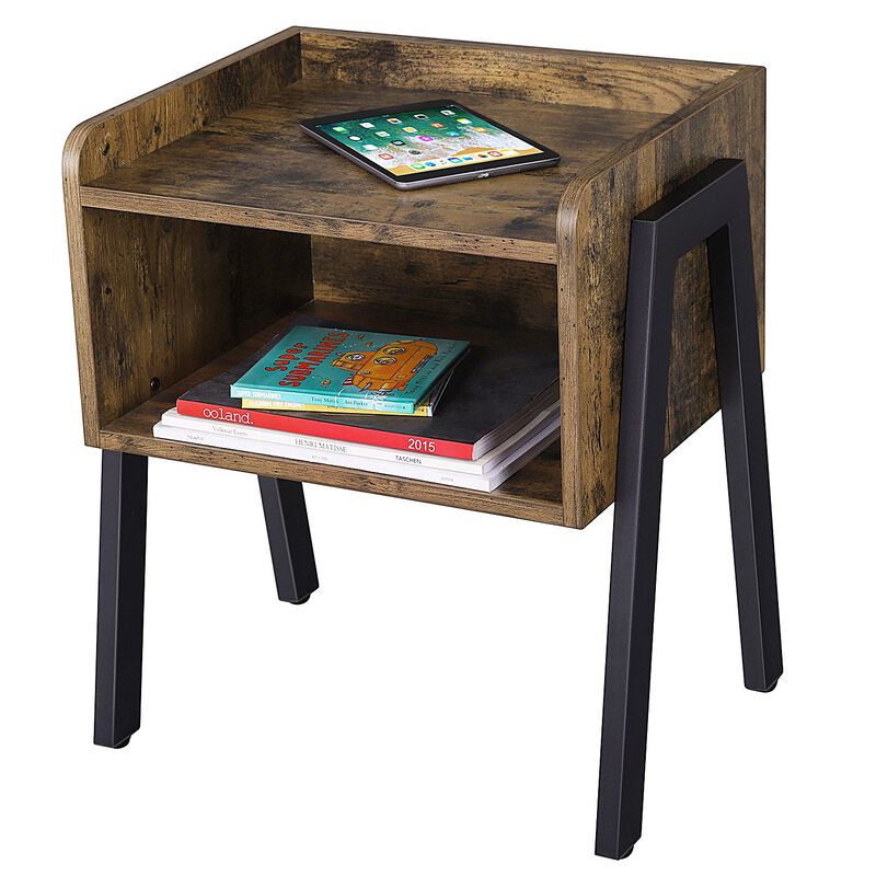 Wooden Stackable End Table with Inverted Iron Legs and Storage Compartment, Brown and Black image number 2