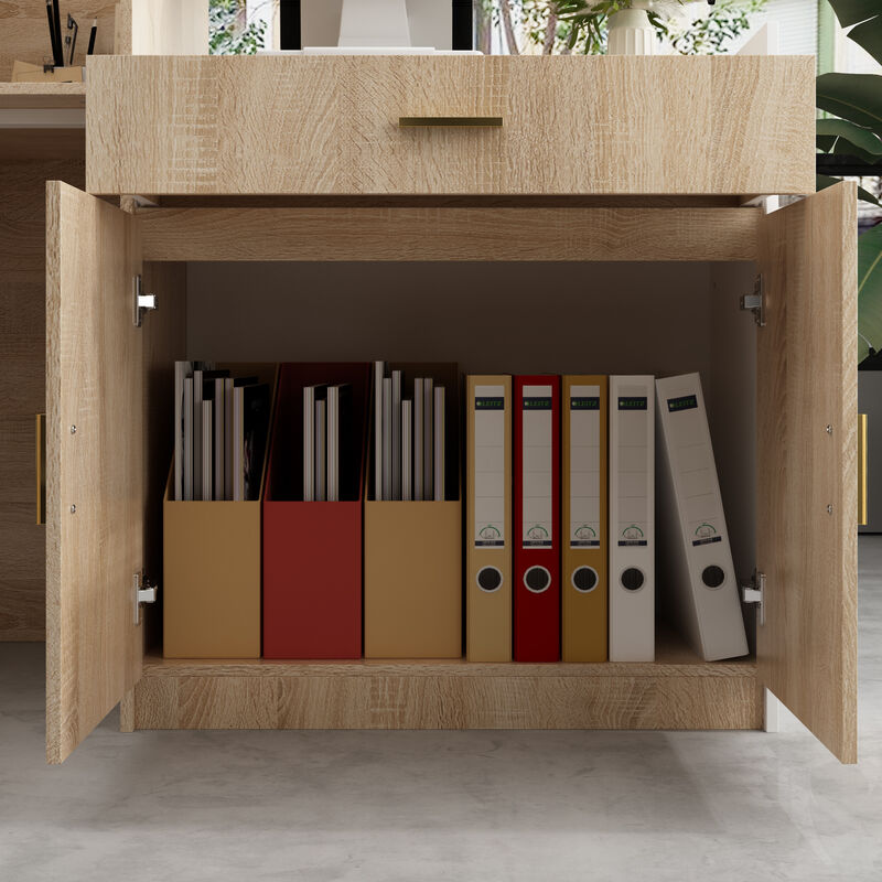 Reception Desk with Drawer & Cabinet, Reception Counter Desk with Keyboard Tray, Front Reception Table Retail Counter for Checkout, for Office Store, Oak and White, 25.2”D x 87.2”W x 47.2”H