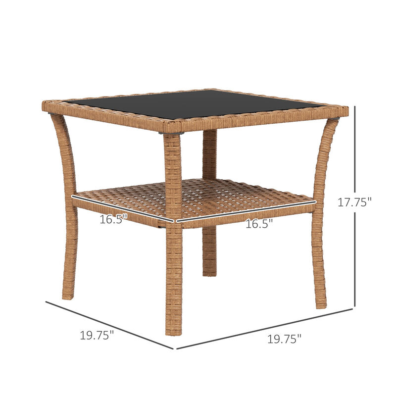 Outsunny Rattan Side Table, Outdoor End Table with Storage Shelf, Aluminum Frame Square, Coffee Table with Tempered Glass Top, Sand