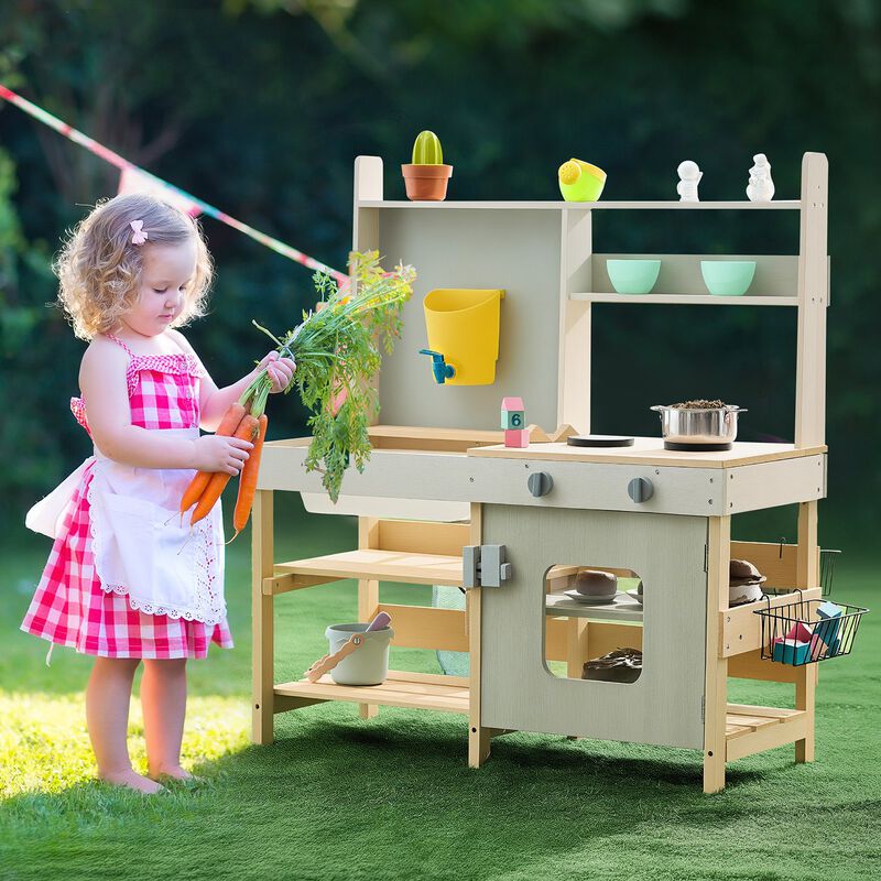 Wooden Mud Kitchen Toy for Kids &ndash; Outdoor Pretend Play Kitchen Set with Realistic Features, Storage & Play Sink for Toddlers