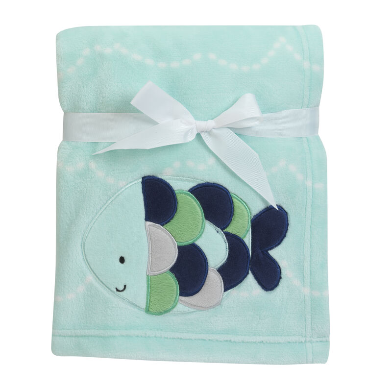 Lambs & Ivy Oceania Blue Turquoise Coral Fleece Baby Blanket with Fish