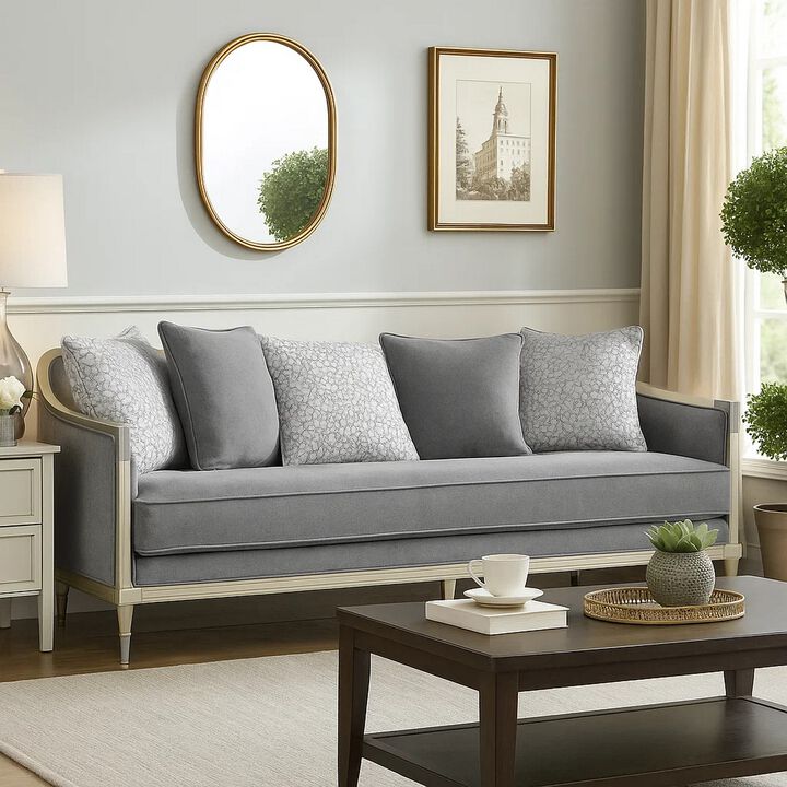 Fero Sofa with 5 Pillows, Gray Chenille, Champagne Wood Trim, 87 Inch
