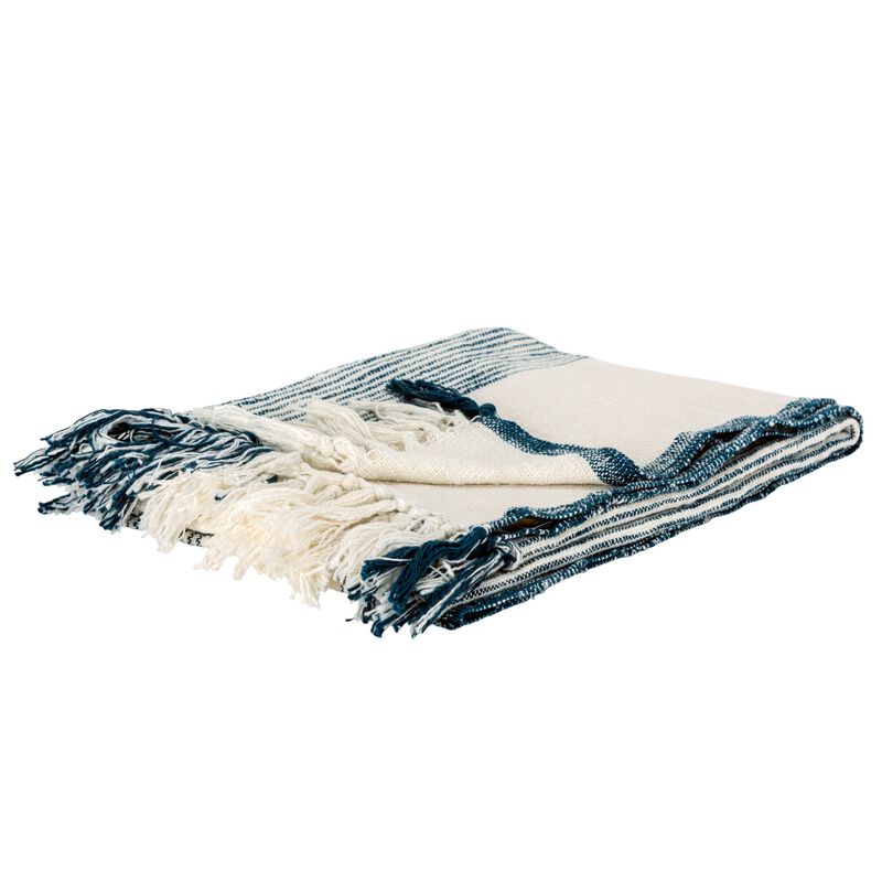 HomeRoots 50" X 60" Ivory Cotton Woven Striped Throw Blanket with Fringe image number 0