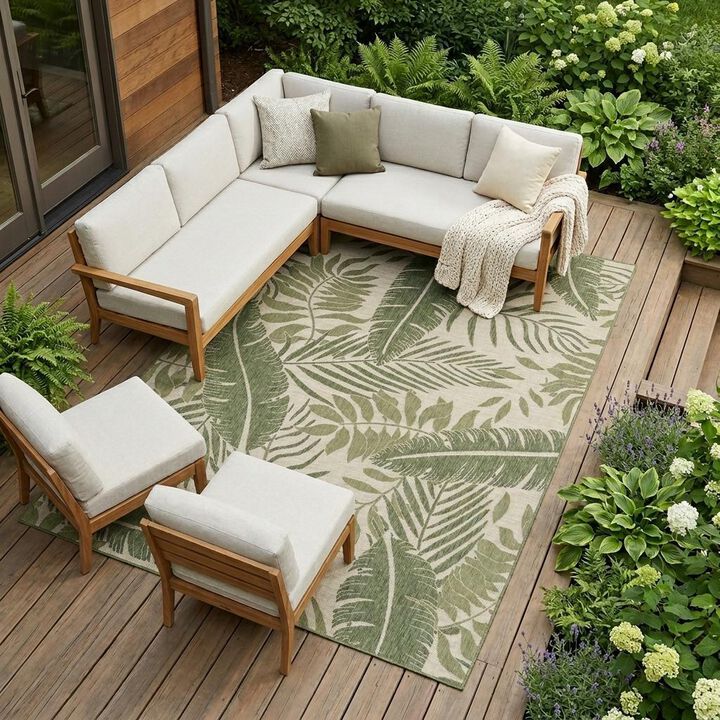 HomeRoots 9' X 12' Ivory And Green Palm Leaf Indoor Outdoor Area Rug