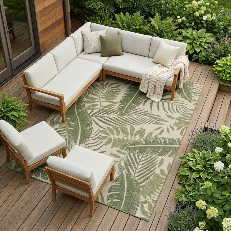 HomeRoots 9' X 12' Ivory And Green Palm Leaf Indoor Outdoor Area Rug image number 1