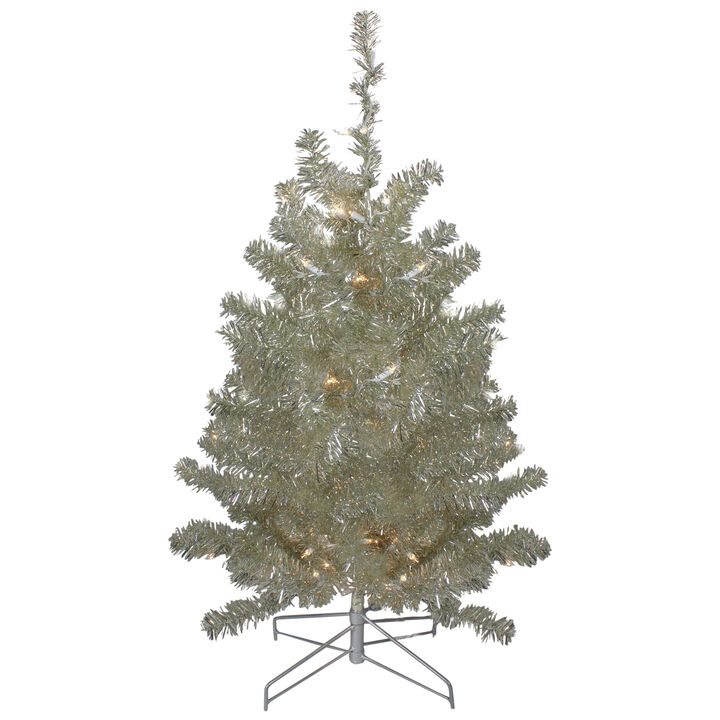 3' Metallic Platinum Artificial Tinsel Christmas Tree - Clear Lights