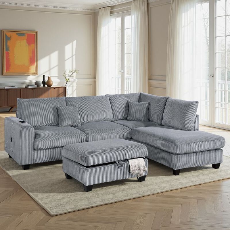 Roe 3pc Sectional Sofa Set w Chaise, Ottoman, 2 Pillows, Fog Gray - Benzara