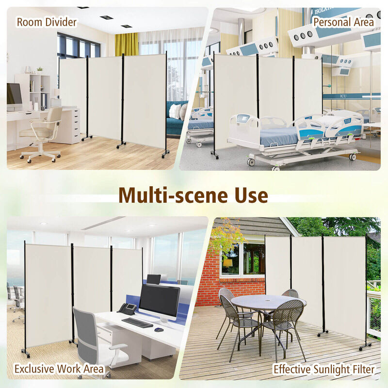 3 Panel Folding Room Divider with Lockable Wheels