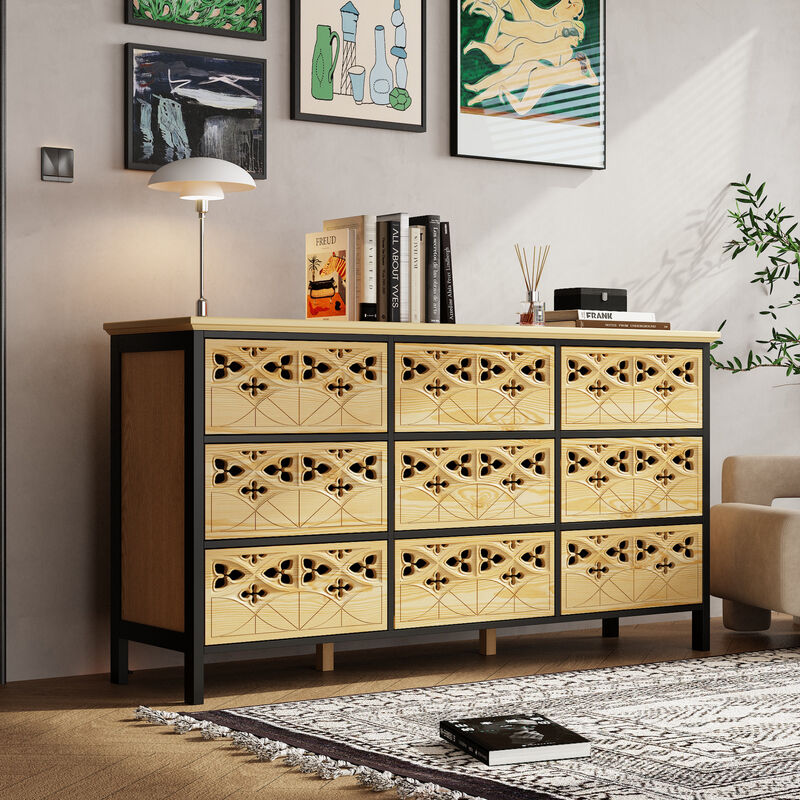 FUFU&GAGA 9-Drawer Tall Storage Cabinet , Modern Chest Organizer for Bedroom, Living Room, or Office (59.1 in. W x 15.7 in. D x 31.5 in. H),  Natural Wood Finish and Black Accents