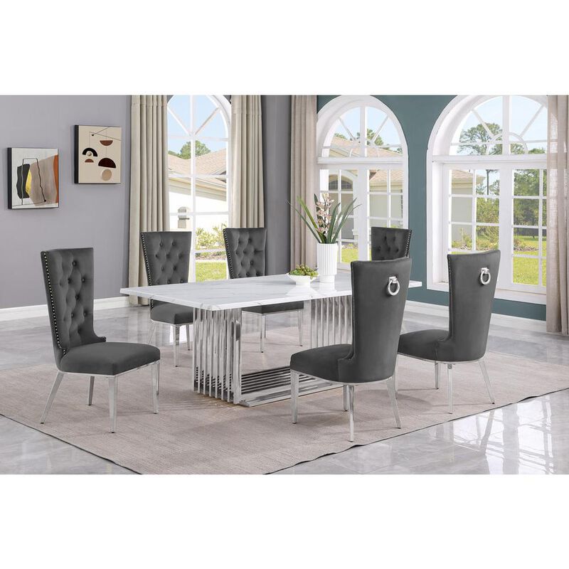 7pc Large(79") marble top dining set with silver base and 6 Dark grey chairs