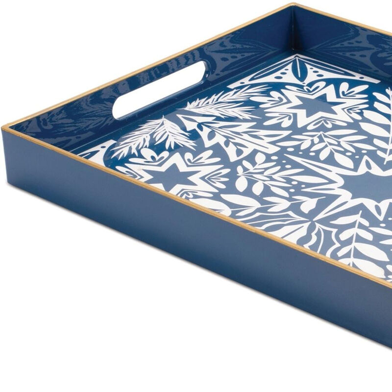 HomeRoots 16" Blue And White Geometric Star And Trees Serving Tray With Handles image number 3