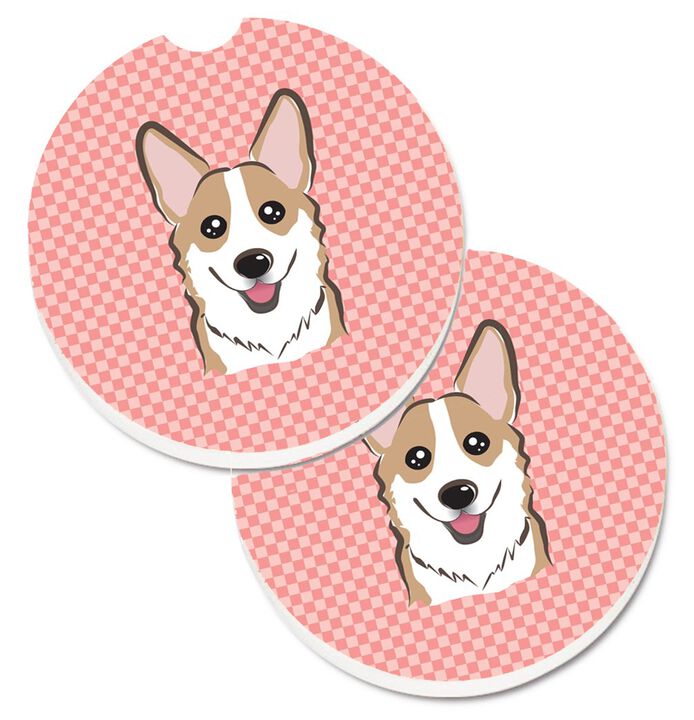 Caroline's Treasures Checkerboard Pink Corgi Set of 2 Cup Holder Car Coasters BB1253CARC, 2.56, Multicolor