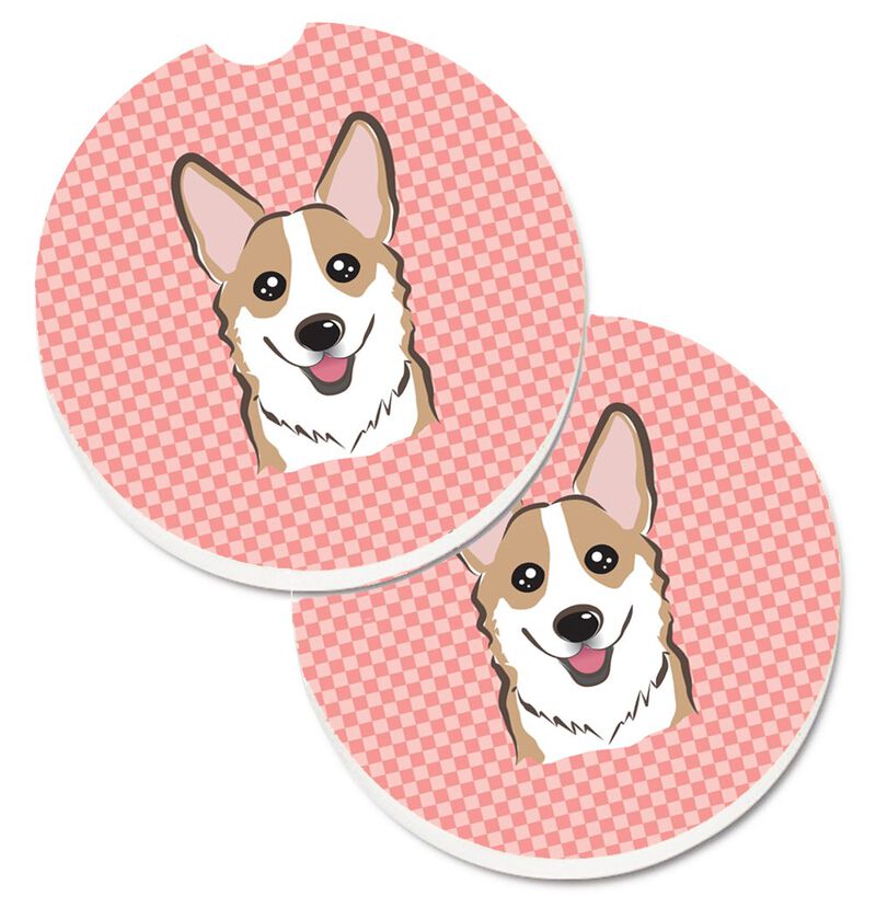 Caroline's Treasures Checkerboard Pink Corgi Set of 2 Cup Holder Car Coasters BB1253CARC, 2.56, Multicolor