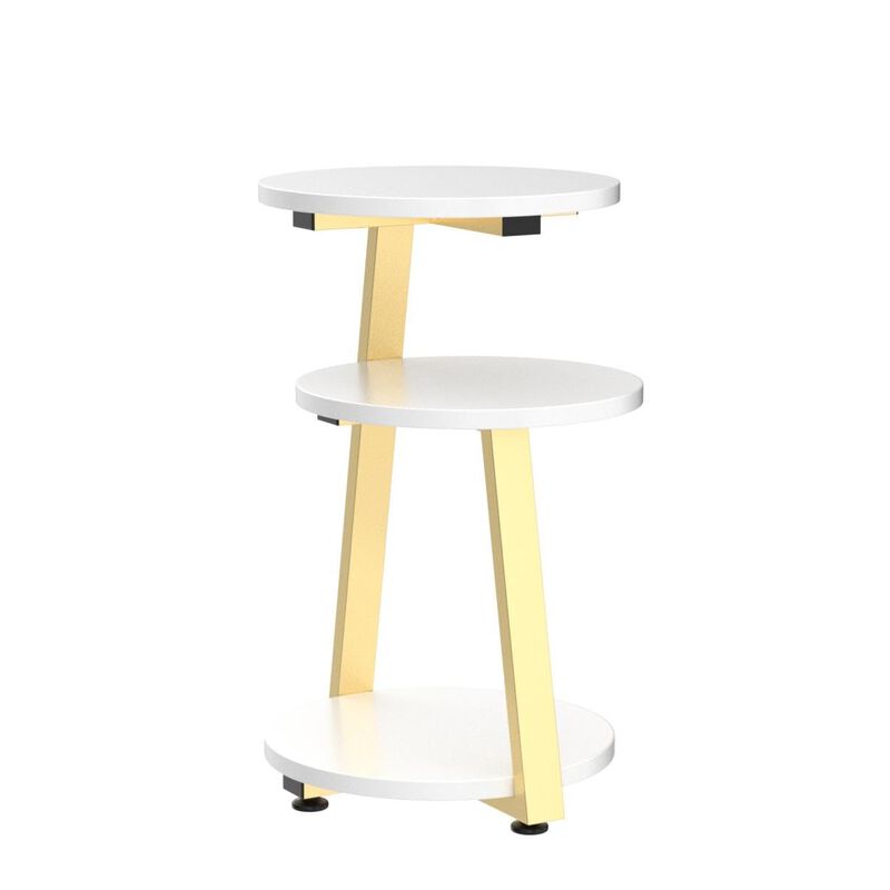 BEWISHOME Round End Table Side Table with Metal Frame, Accent Bedside Table Nightstand with 3-Tier Shelves, Small Table for Livi