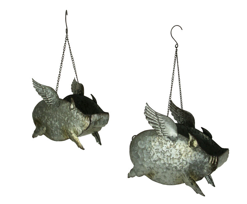 Distressed Galvanized Metal Flying Pig Hanging Planter Set of 2 - Indoor/Outdoor image number 0
