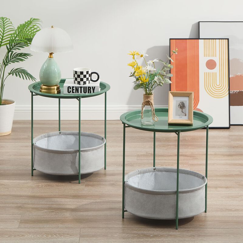 VECELO Round Side/End Table with Fabric Storage Basket