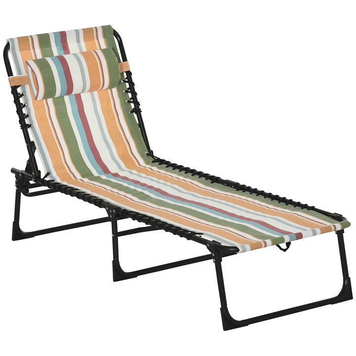 Outsunny Folding Chaise Lounge Pool Chair, Patio Sun Tanning Chair, Outdoor Lounge Chair w/ 4-Position Reclining Back, Pillow, Breathable Mesh & Bungee Seat for Beach, Yard, Patio, Rainbow Striped