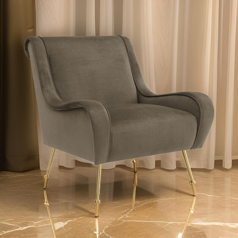 Rik 31 Inch Accent Armchair, Metal Legs, Velvet, Truffle Brown and Gold