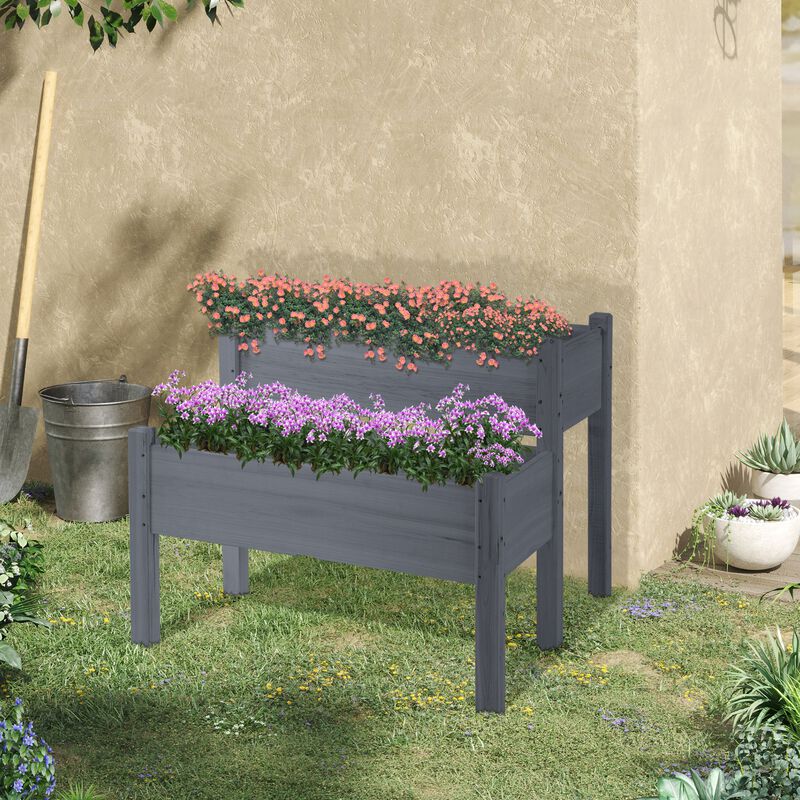 Outsunny 34"x34"x28" Raised Garden Bed, 2-Tier Elevated Wood Planter Box for Backyard, Patio to Grow Vegetables, Herbs, and Flowers, Gray