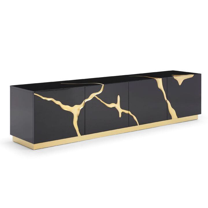 Cid Exie TV Stand Console, Modern Black with Gold Vein Design, 87 Inch