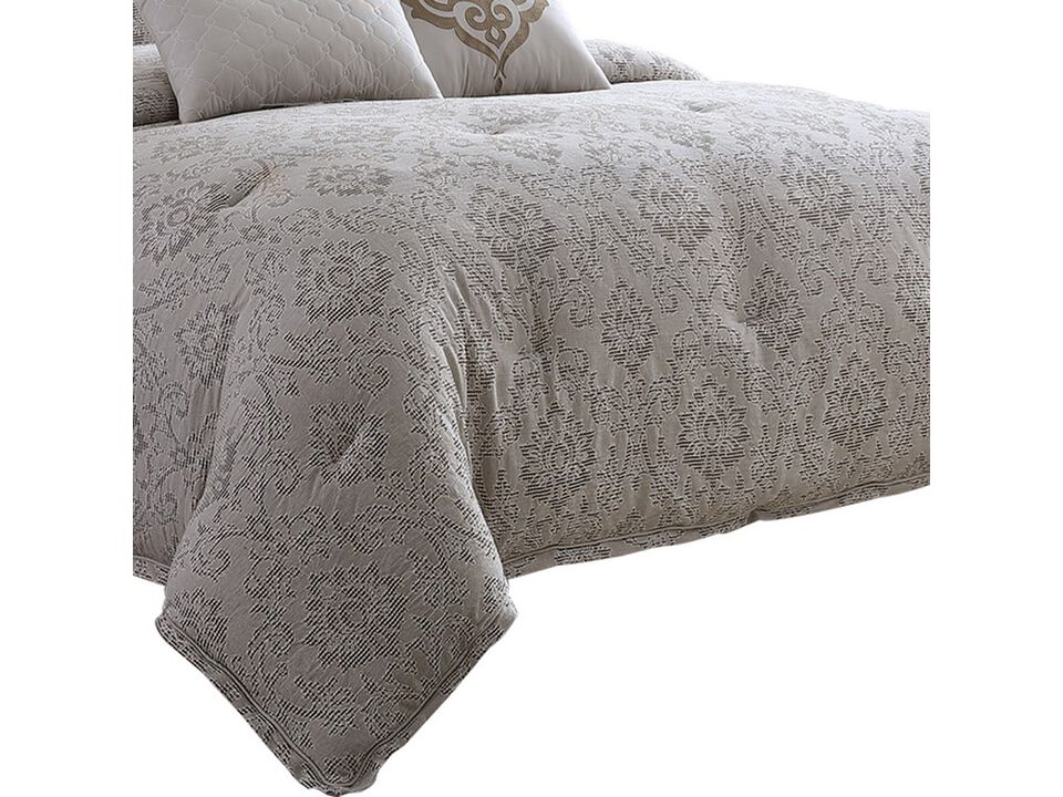 9 Piece Queen Cotton Comforter Set with Textured Floral Print, Gray - Benzara