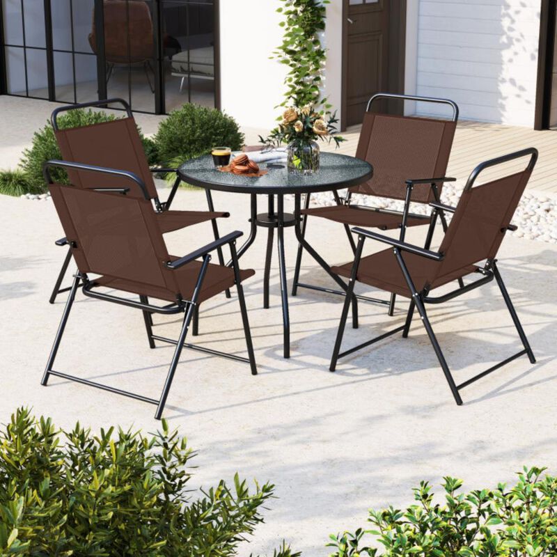 Hivvago 6 Pieces Patio Dining Set Folding Chairs Glass Table Tilt Umbrella for Garden