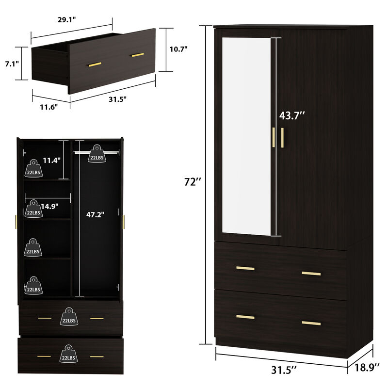 Armoire Wardrobe with Mirror & 2 Drawers, 2-Door Wardrobe with Shelves & Hanging Rod, Gold Metal Handles, for Cloakroom (31.5&rdquo;W x 18.9&rdquo;D x 72&rdquo;H)