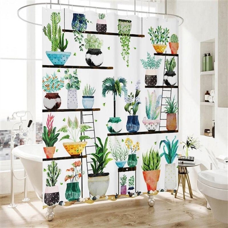 Watercolor Garden Shower Curtain &ndash; Beautiful Floral & Succulent Print, Quick-Dry & Wrinkle-Resistant