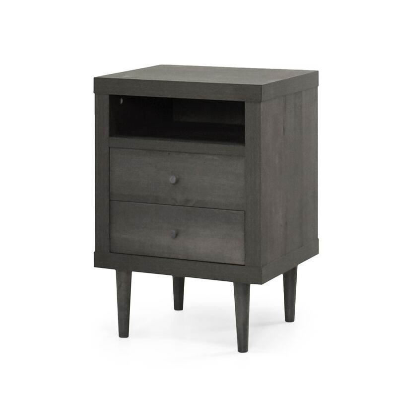 Minie Nightstand with 2 Drawers, Shelf, Rubberwood Legs, Dark Gray - Benzara