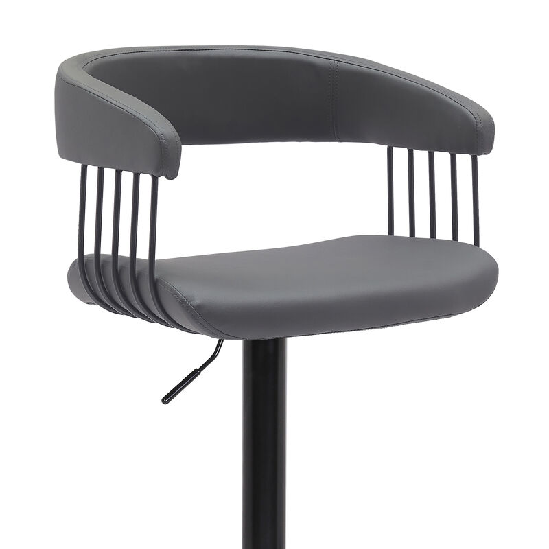 Calista Adjustable Bar Stool in Gray Faux Leather with Black Metal