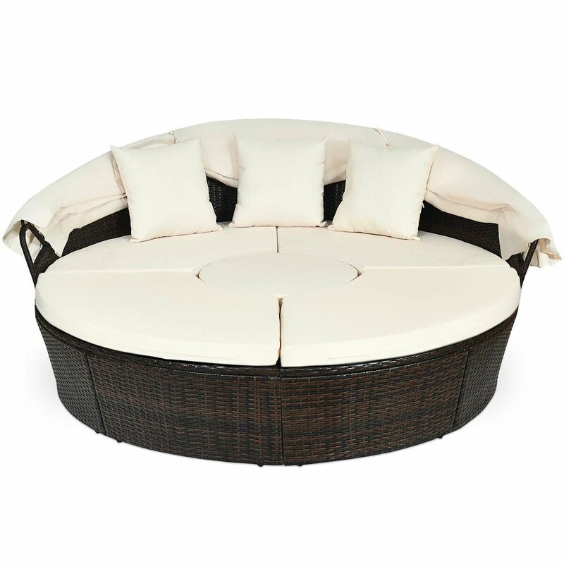 Mondawe Patio Round Rattan Daybed with Retractable Canopy and Height Adjustable Coffee Table