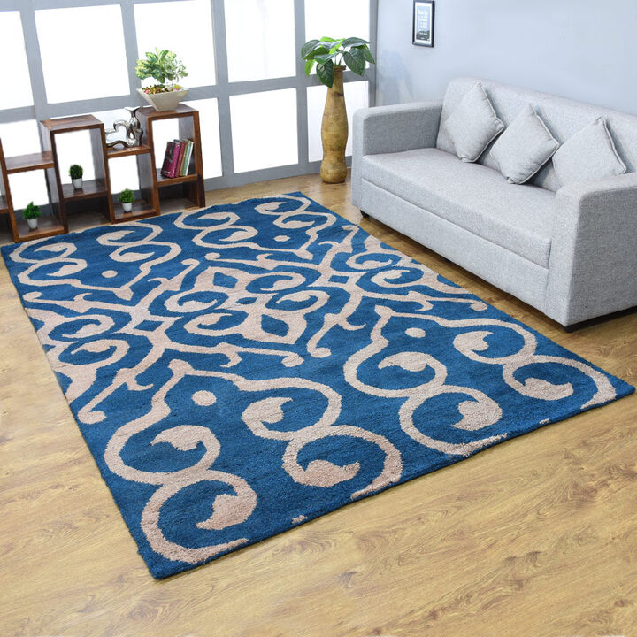 Rugsotic Carpets Hand Knotted Silk 6'x9' Area Rug Contemporary Blue Beige NS3307