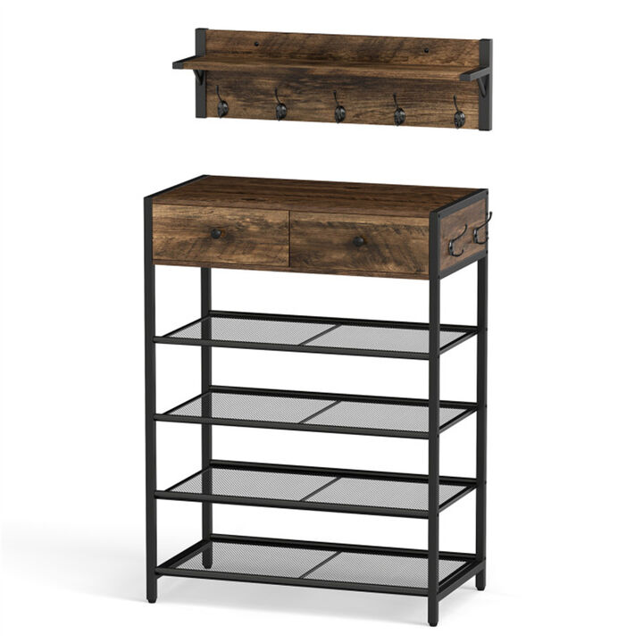5 Hook Entryway Coat Rack with 2 Drawer Shoe Cabinet and 4 Mesh Shelves