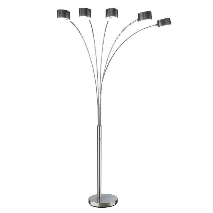 5 Arm Arched Floor Lamp, 84 Inch Chrome Metal Sleek Stem, Round Base - Benzara