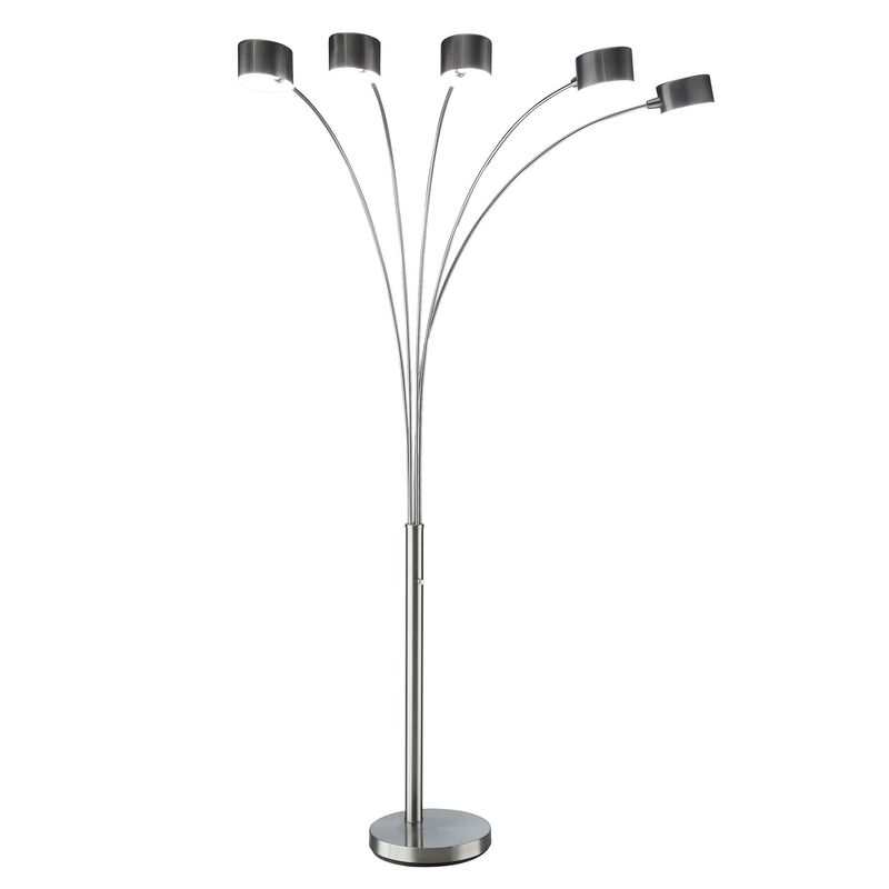 5 Arm Arched Floor Lamp, 84 Inch Chrome Metal Sleek Stem, Round Base - Benzara