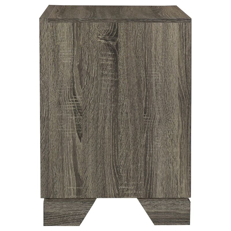 Reay Nightstand, Brown Oak Finish, 2 Drawers Silver Metal Bar Handles - Benzara